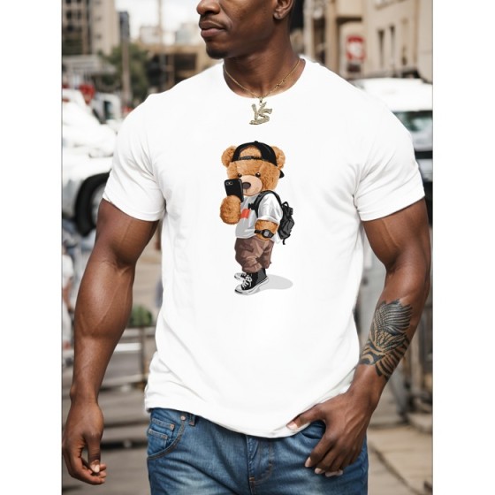 Men's Cartoon Teddy Bear Print Graphic Design Crew Neck T-shirt - Casual and Comfy Summer Tee for Daily Wear and Vacation Resorts