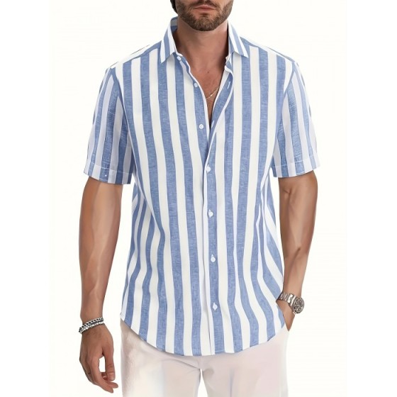 Men's Shirt Top, Vertical Striped Lapel Short Sleeves Closure Summer Male Casual Button Up Shirt For Daily Vacation Resorts Beach Shirts For Men
